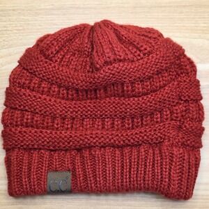 CC Beanie Hat Womens Rust Red Cable Knit Slouchy Winter Skull Cap RN 88320